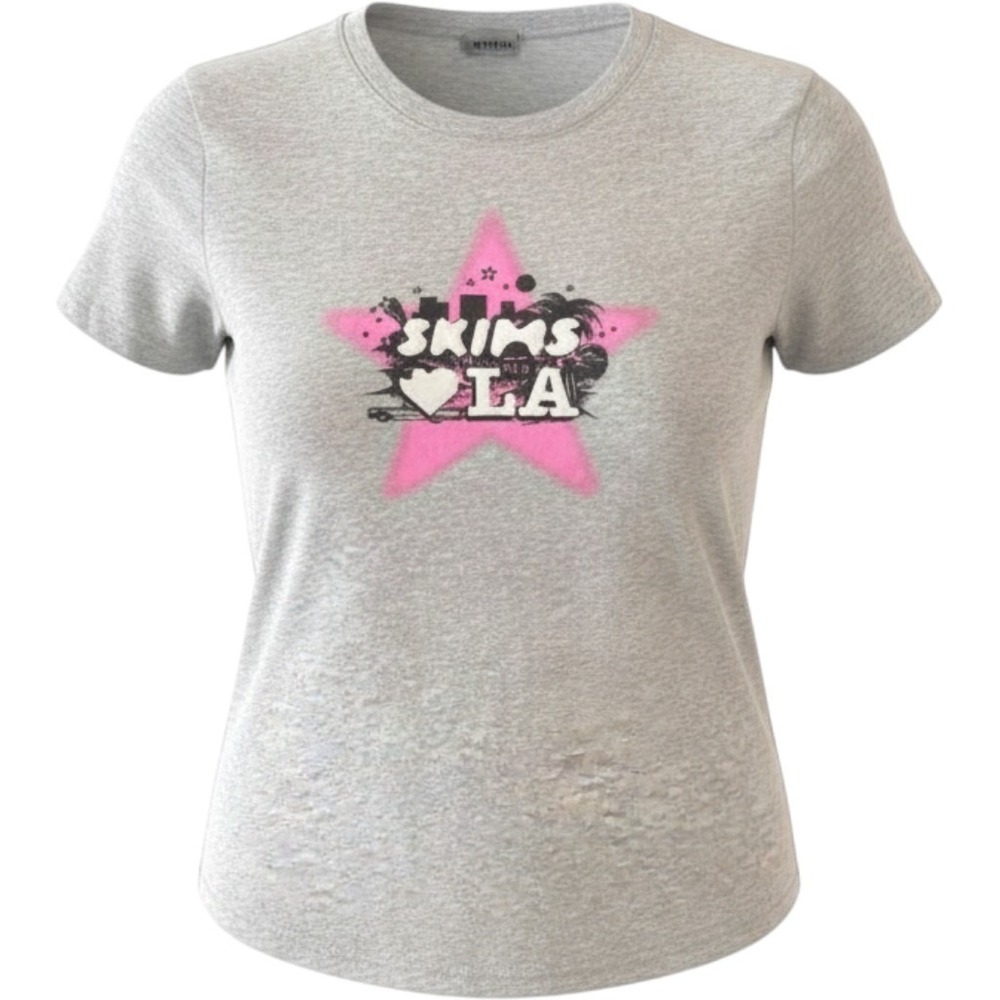 Skims Cotton Jersey T-Shirt Light Heather Grey I Love LA Star TP-SSL-11611W XXS